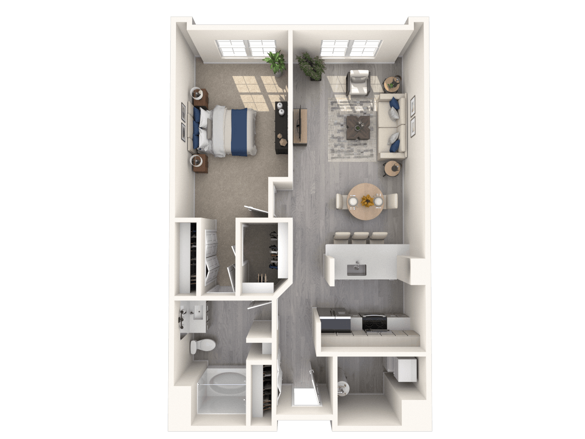 Floor plan for 1 bed, 1 bath, 799 sqft